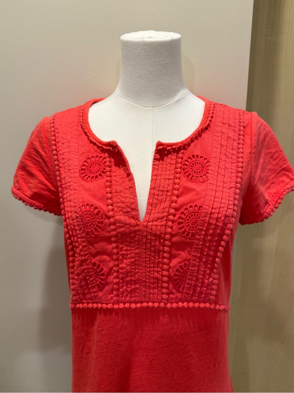 Boden Coral (Red) Embroidered Split-Neck Knee-Length Dress